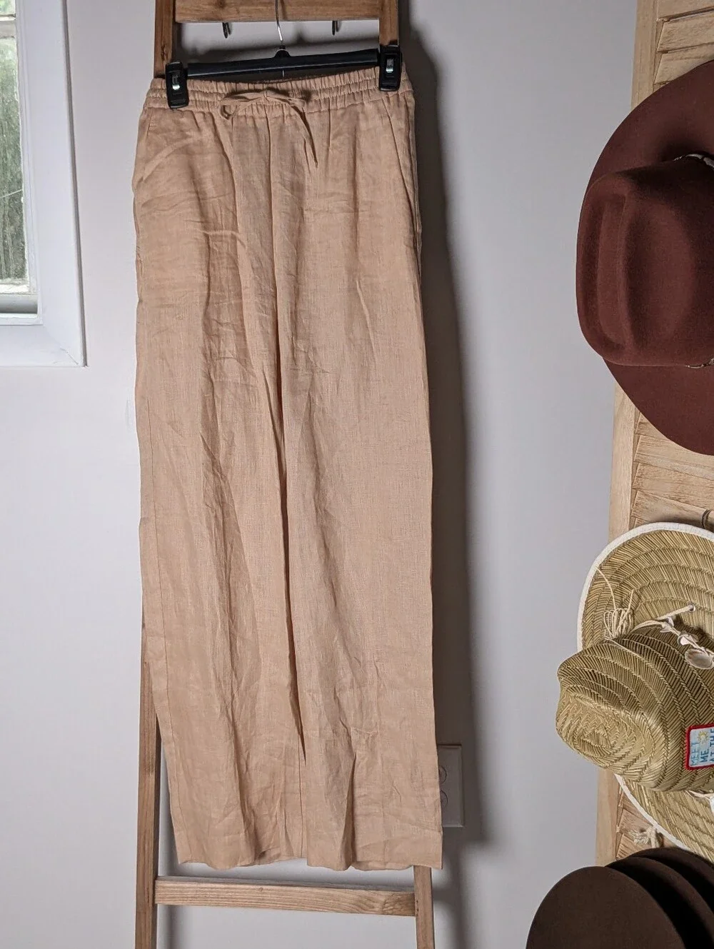 Zara 100% Linen Drawstring Wide Leg Pants Warm Beige XS